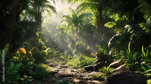 Virtual background featuring a dense, green jungle with natural sunlight filtering through the trees, ideal for creating a calming Zoom environment. photo