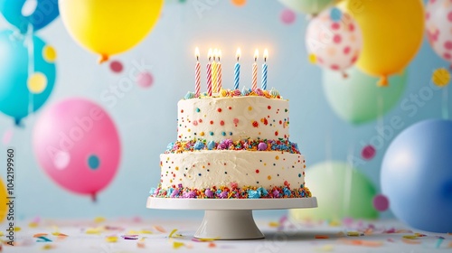 A vibrant tiered birthday cake adorned with colorful sprinkles and glowing candles, set against a backdrop of cheerful balloons for a festive celebration.