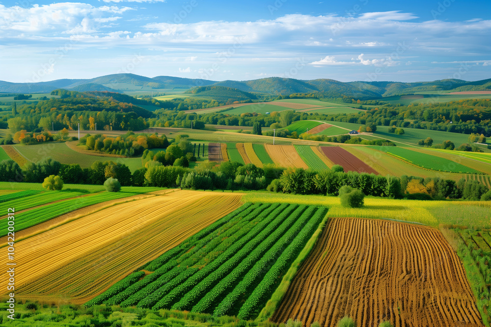 Aerial view of a vibrant agricultural landscape featuring patchwork fields in various shades of green, yellow, and brown. Rolling hills in the background under a clear blue sky with fluffy clouds. Aerial view of a vibrant agricultural landscape featuring patchwork fields in various shades of green, yellow, and brown. Rolling hills in the background under a clear blue sky with fluffy clouds.