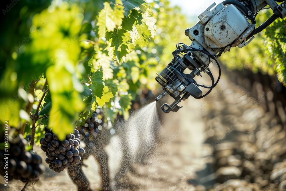 Robotic Vineyard Spraying. A robotic arm sprays grapevines in a sunlit vineyard, showcasing agricultural technology.