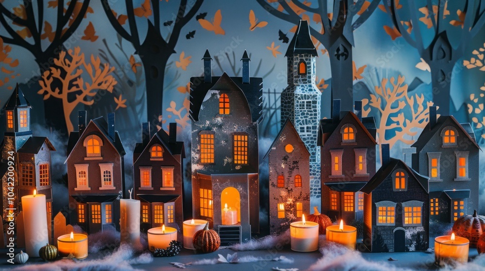 halloween background pumpkins,candles and houses. halloween background pumpkins,candles and houses.