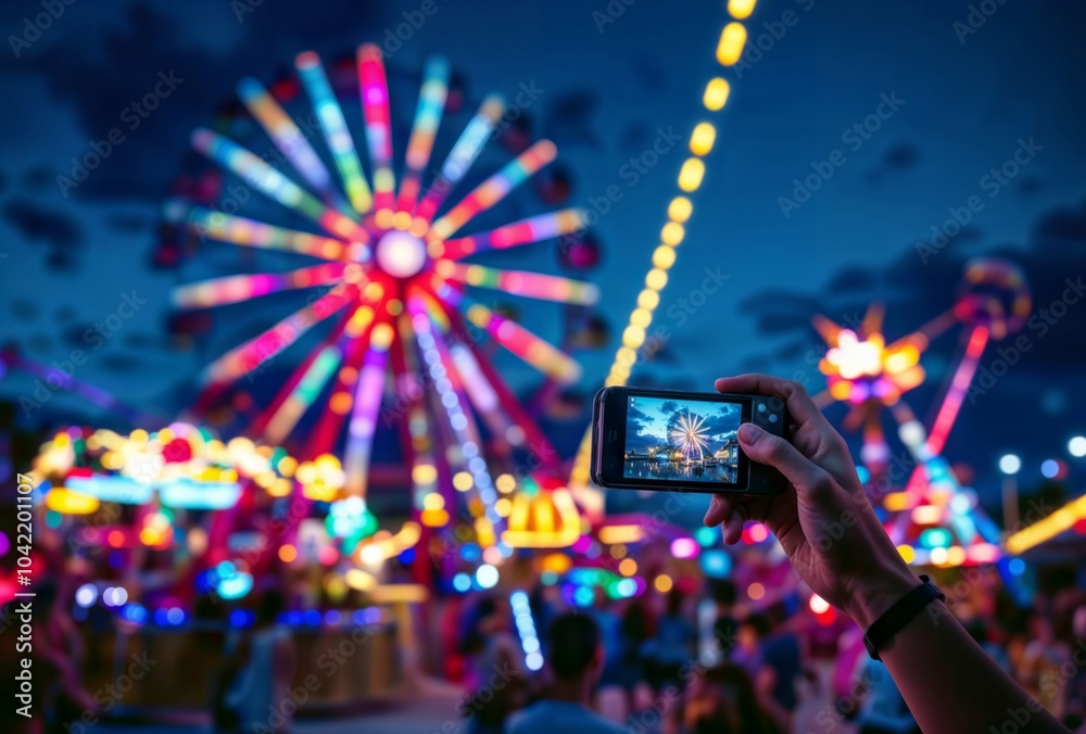 Carnival Ferris Wheel Photography. Person capturing colorful illuminated ferris wheel and carnival rides on smartphone at twilight with vibrant bokeh effects.