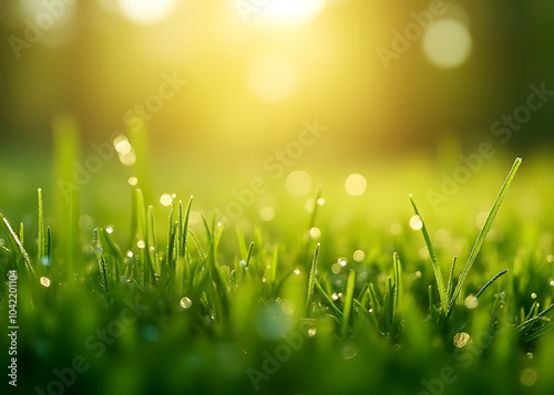 Fresh morning dew on grass, sunlight reflecting in the drops, creating a calming and energizing start to the day. photo