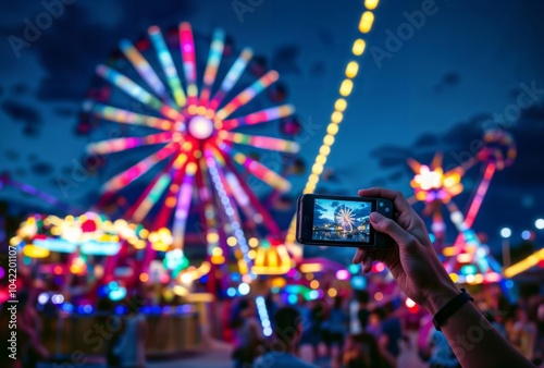 Obraz na płótnie Carnival Ferris Wheel Photography. Person capturing colorful illuminated ferris wheel and carnival rides on smartphone at twilight with vibrant bokeh effects. w salonie