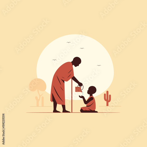 Vector illustration of an adult man giving water to a little african child in the desert