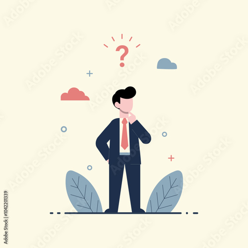 Vector illustration of a man in a suit, thinking and doubting over a question. Full-length faceless man
