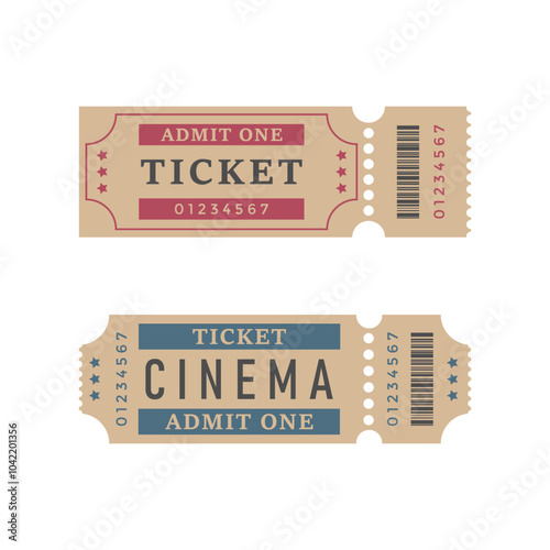 Template of two tickets with a tear-off part. Vector illustration of different tickets with a barcode image and the inscriptions: cinema, ticket, admit one