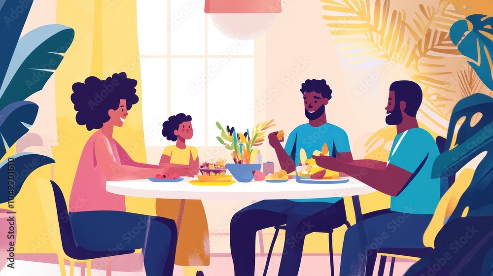 A family of four sits around a dining table, enjoying a meal together in their home. A family of four sits around a dining table, enjoying a meal together in their home.