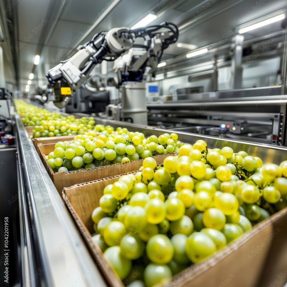Automated Grape Processing. Industrial robotic arm operating above conveyor belt with fresh green grapes in cardboard boxes in modern processing facility.