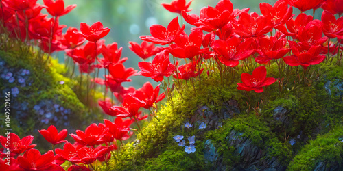 A striking red wildflower graces the lush green moss carpet of the dense forest. photo