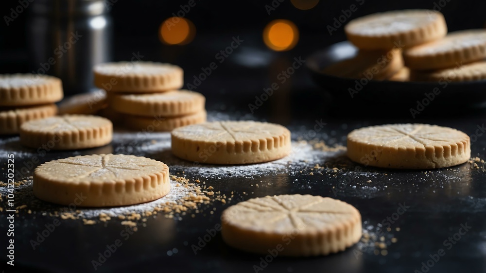 Aesthetic preparation of shortbread biscuits on a black themed kitchen. bokeh style. Aesthetic preparation of shortbread biscuits on a black themed kitchen. bokeh style.