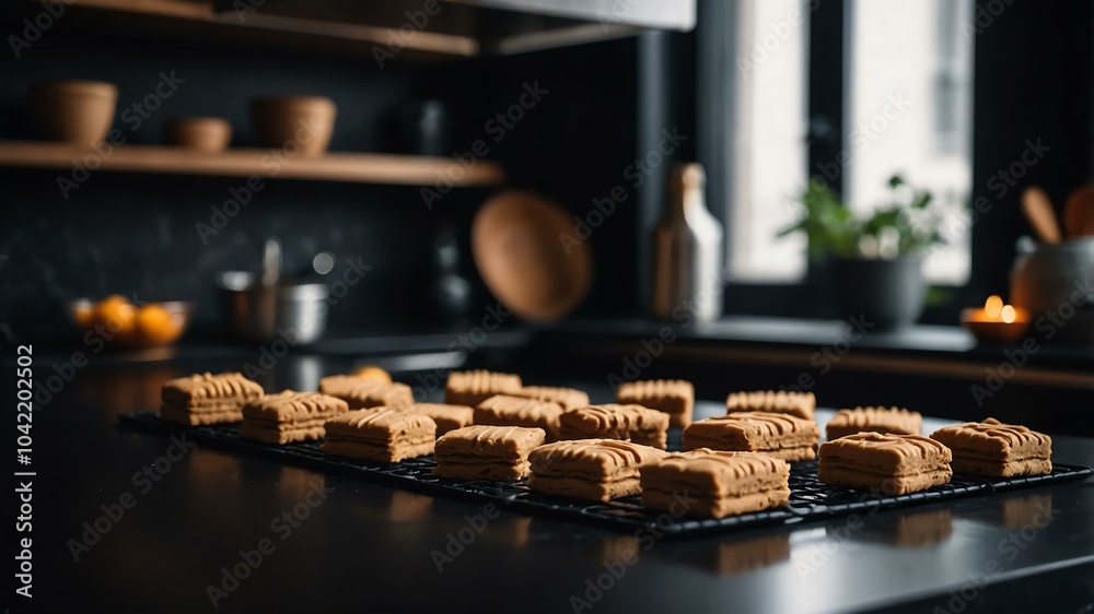 Aesthetic preparation of peanut butter biscuits on a black themed kitchen. bokeh style. Aesthetic preparation of peanut butter biscuits on a black themed kitchen. bokeh style.