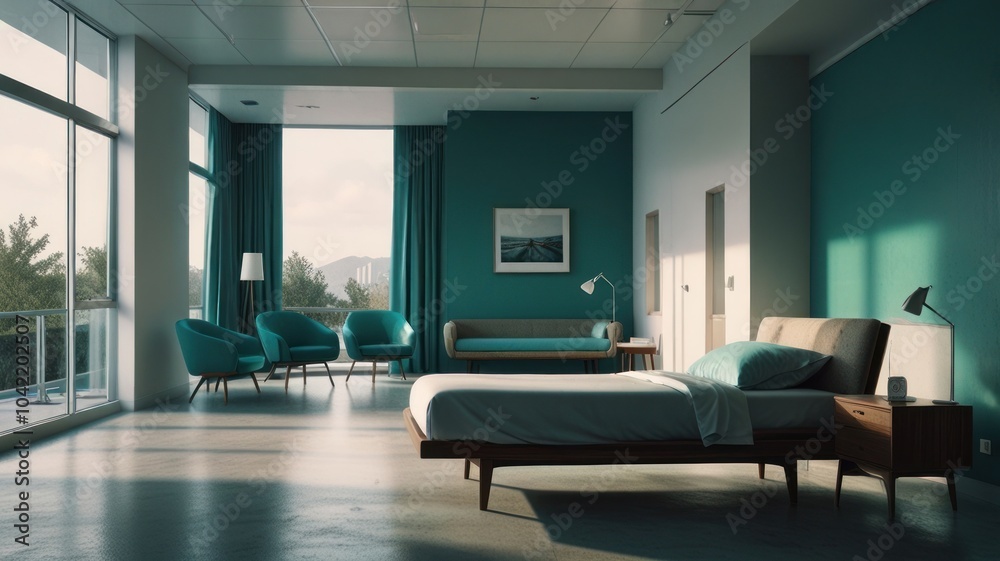 A modern bedroom with a teal wall, large windows, and a view of a mountain range. The bed is made with white linens and a brown headboard. There are three blue chairs and a couch in the room. A modern bedroom with a teal wall, large windows, and a view of a mountain range. The bed is made with white linens and a brown headboard. There are three blue chairs and a couch in the room.