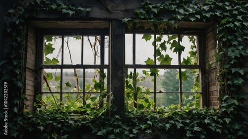 broken window, framed by vibrant green ivy, tells a story of nature’s resilience as it slowly reclaims the space, contrasting the remnants of human craftsmanship with the beauty of decay