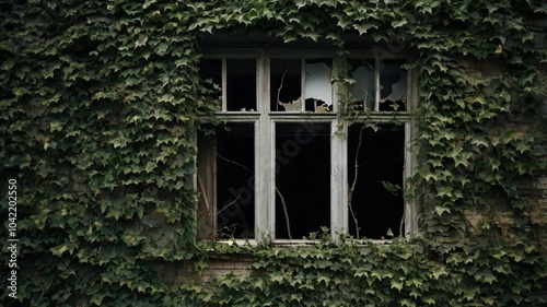 broken window, framed by vibrant green ivy, tells a story of nature’s resilience as it slowly reclaims the space, contrasting the remnants of human craftsmanship with the beauty of decay