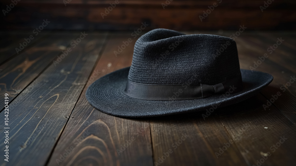 Classic black fedora hat on rustic wooden floor background Classic black fedora hat on rustic wooden floor background