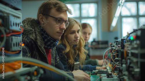 Focused engineering students working on electronics project in modern lab