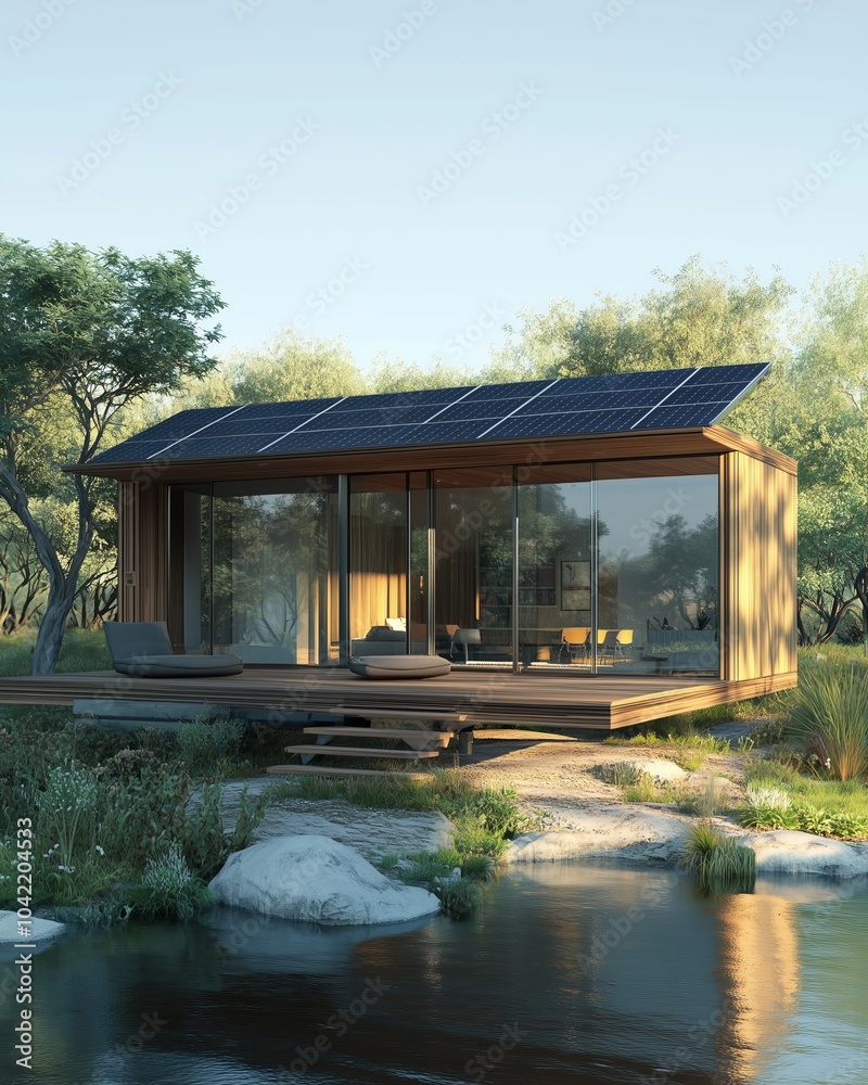 Modern Solar-Powered Riverfront Cabin, Sustainable Eco-Friendly Tiny House with Solar Panels, Minimalist Green Architecture in Nature, Ideal for Remote Retreats, Off-Grid Living, and Vacation Getaways Modern Solar-Powered Riverfront Cabin, Sustainable Eco-Friendly Tiny House with Solar Panels, Minimalist Green Architecture in Nature, Ideal for Remote Retreats, Off-Grid Living, and Vacation Getaways