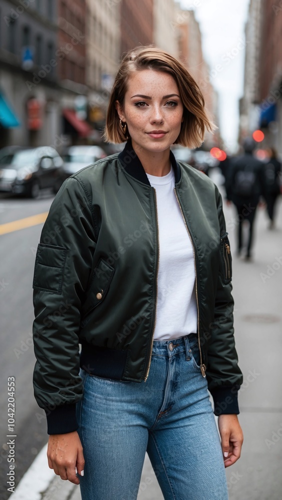 Young woman with freckles and short hair in bomber jacket and jeans standing on a city street Young woman with freckles and short hair in bomber jacket and jeans standing on a city street