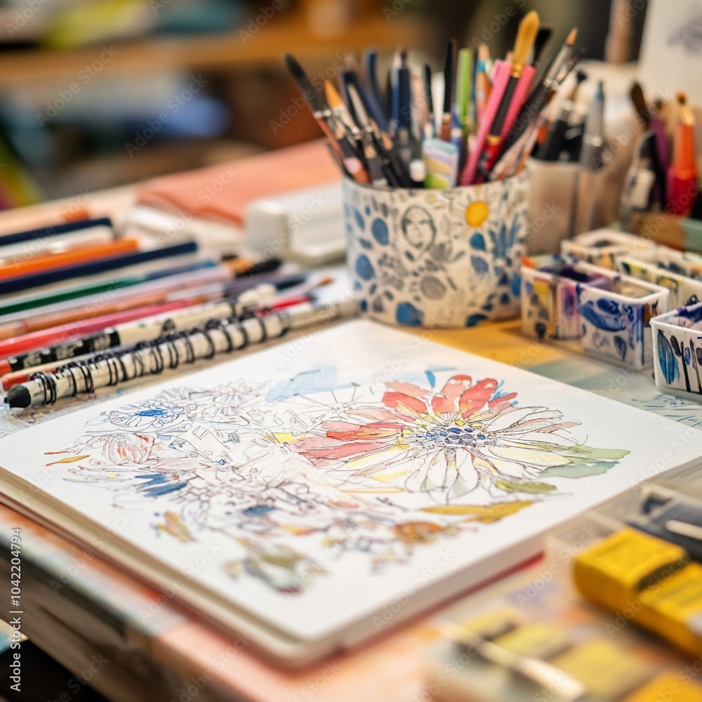 A drawing pad on a desk with colorful art supplies scattered around it. A drawing pad on a desk with colorful art supplies scattered around it.