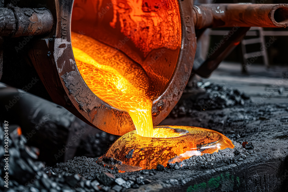 Large amount of molten metal is pouring out of a large container. Concept of power and intensity, as the molten metal is being poured out in a controlled manner Large amount of molten metal is pouring out of a large container. Concept of power and intensity, as the molten metal is being poured out in a controlled manner