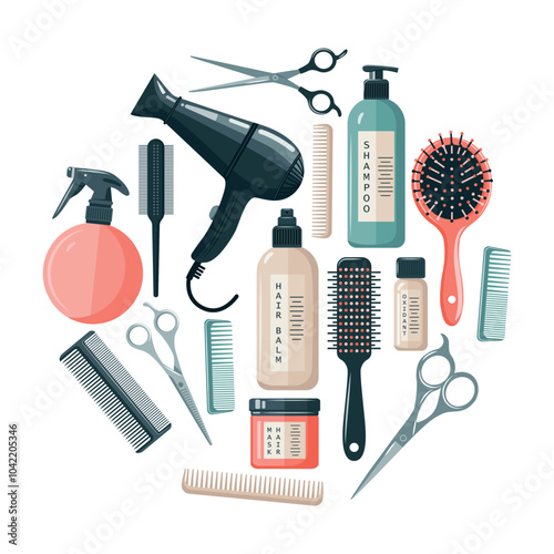 Hairdresser tools. Hair care, professional tools for hair cutting and styling. Vector illustration in the form of a circle on a white background.