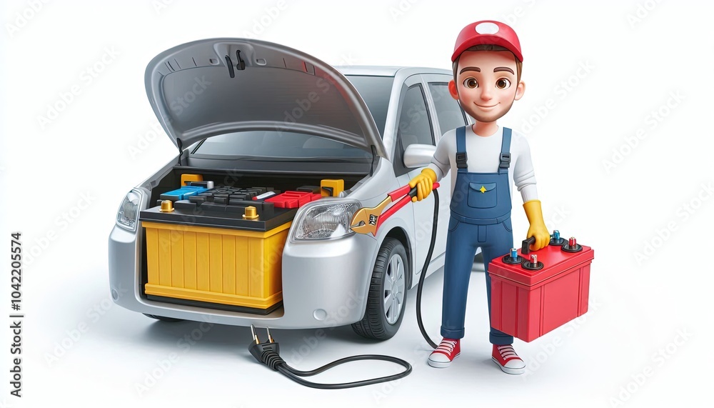 Fototapeta premium Car Mechanic Cartoon Character Jump Starting a Car Battery.