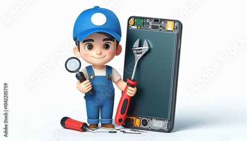 Cartoon Mechanic Repairing Smartphone.