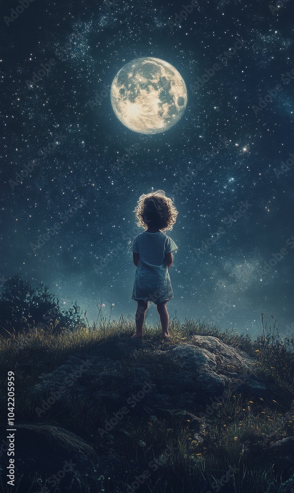 Obraz premium A lone child gazes at a full moon and starry