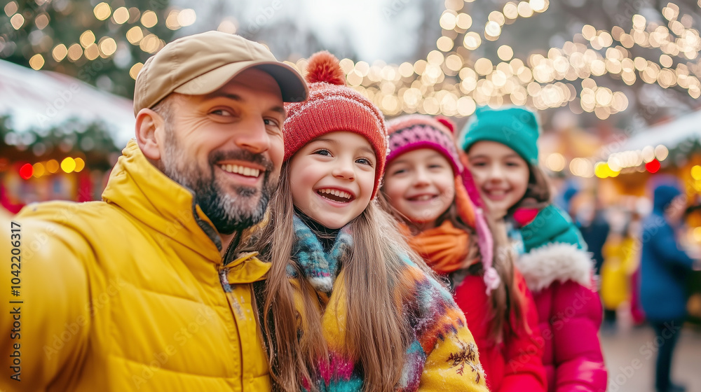A cheerful family with a bright smile wearing beanie hats and colored dress selfie themselves at the amusement park. A cheerful family with a bright smile wearing beanie hats and colored dress selfie themselves at the amusement park.