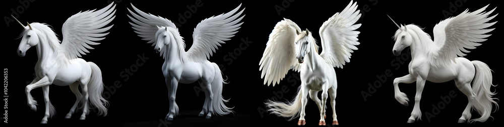 Set of White Pegasus Horse Isolated on Opaque Black Background