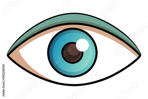 a stylized illustration of an eye. It features a blue iris with a black pupil in the center. There is a white highlight on the iris, giving it a shiny appearance