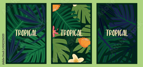 Bright card set featuring abstract tropical leaves and tropical flowers in a modern minimalist style. Templates suitable for ads, banners, covers, labels, posters, and sales. Vertical orientation.