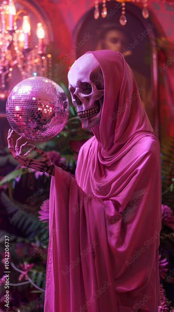 skeleton in pink cape with disco ball. skeleton in pink cape with disco ball.