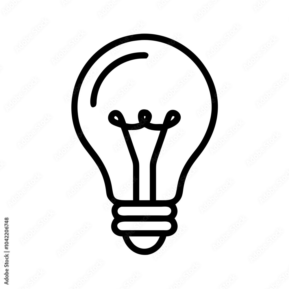 a simple black and white line drawing of a traditional incandescent light bulb. It features the classic bulb shape with a rounded top and a narrower base. Inside the bulb a simple black and white line drawing of a traditional incandescent light bulb. It features the classic bulb shape with a rounded top and a narrower base. Inside the bulb