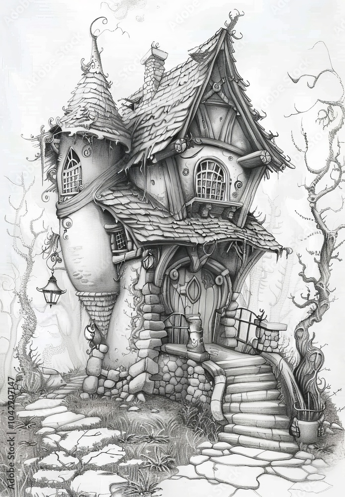 Naklejka premium magical old house sketch illustration.