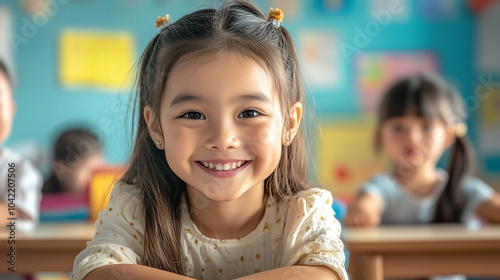 Wallpaper Mural A cheerful young girl with a bright smile wearing a colored dress sitting in the kindergarten school against blurred background.  Torontodigital.ca