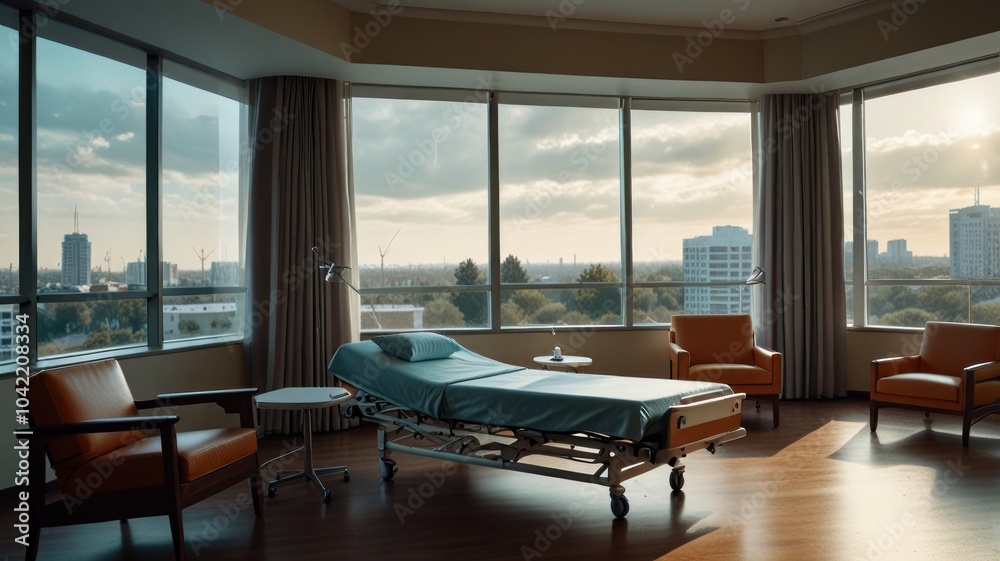 Fototapeta premium A hospital room with a bed, two armchairs and large windows overlooking a city skyline.