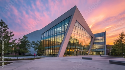Wallpaper Mural Modern architecture building with glass facade and dramatic sunset sky. Torontodigital.ca