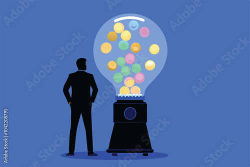 A businessman looking at a giant lightbulb with colourful ideas spilling out.