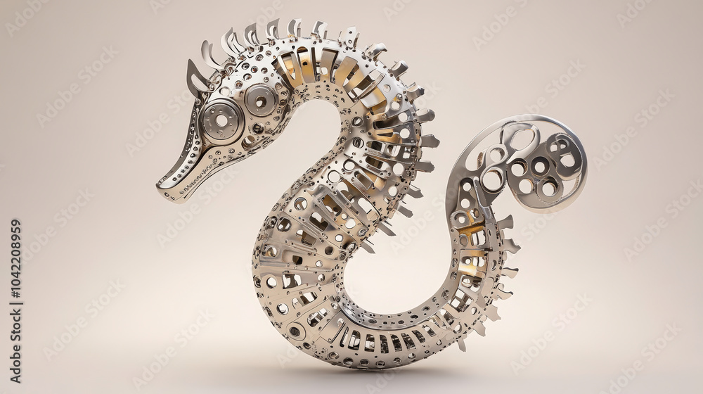 A sleek, metallic seahorse sculpture with intricate gear and mechanical details, showcasing a blend of artistry and engineering in a modern design. A sleek, metallic seahorse sculpture with intricate gear and mechanical details, showcasing a blend of artistry and engineering in a modern design.