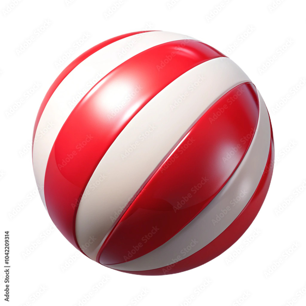 a spherical object, resembling a ball, with a glossy surface. It is designed with alternating red and white diagonal stripes that wrap around the entire ball. The stripes are evenly spaced a spherical object, resembling a ball, with a glossy surface. It is designed with alternating red and white diagonal stripes that wrap around the entire ball. The stripes are evenly spaced