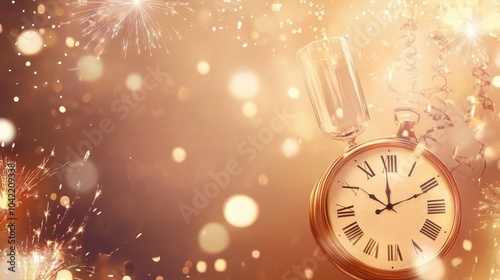 Festive Celebration with Clock, Champagne, and Fireworks for a Joyful New Year Countdown