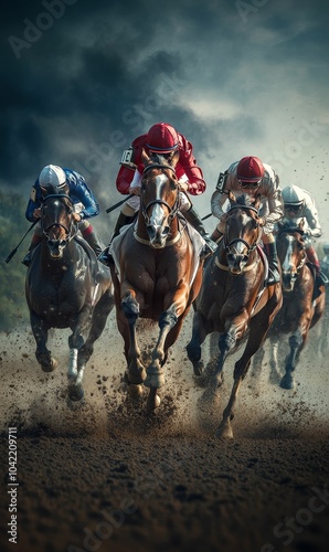 Jockeys racing horses on dirt track.