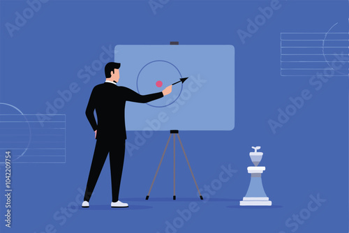 A businessman presenting a business strategy on a whiteboard with an arrow pointing at a target.