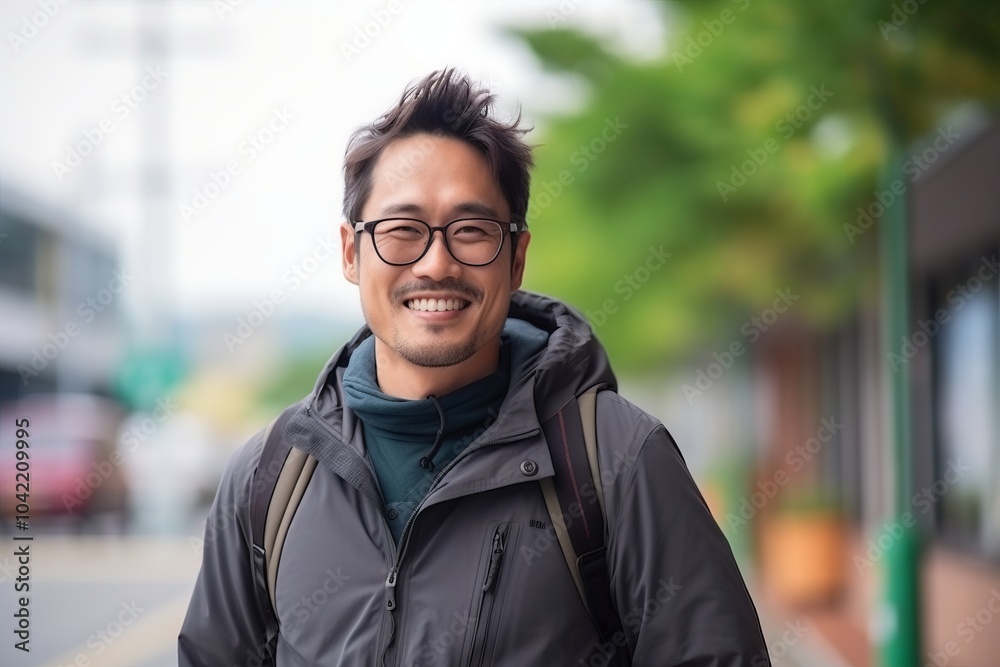 Portrait of a smiling asian man with backpack in the city Portrait of a smiling asian man with backpack in the city