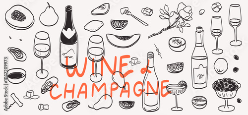 Hand drawn chalk food and wine illustrations. Wedding dinner icons. Wine or champagne glass, cocktail, fruits drawings for wedding invitation, cafe menu or party. La dolce vita italian sketch style. photo