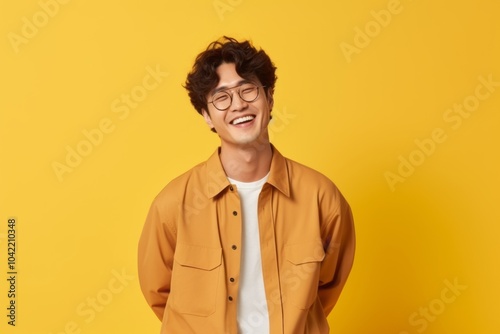 Cheerful young man in yellow shirt and eyeglasses laughing