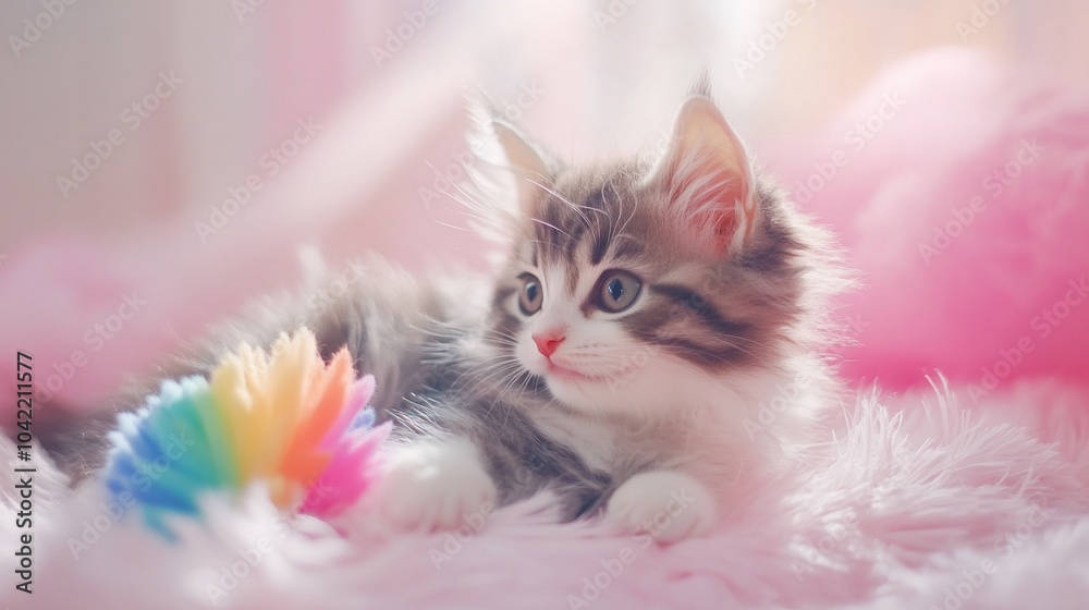 Cute fluffy kitten with blue eyes playing with a colorful toy on a pink fluffy blanket. Cute fluffy kitten with blue eyes playing with a colorful toy on a pink fluffy blanket.
