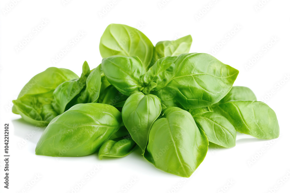Fresh basil leaves arranged neatly on a white background, showcasing their vibrant green color and delicate structure. Generative AI Fresh basil leaves arranged neatly on a white background, showcasing their vibrant green color and delicate structure. Generative AI